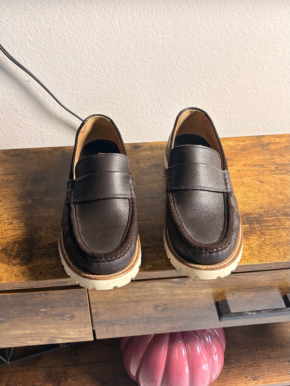 Hugo Boss Dark Brown Leather Penny Loafers with White Lug Sole